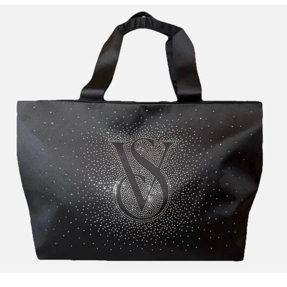 Victoria’s Secret Tote Bag Black Shine Bling Rhinestone Logo Carryall Weekender - Picture 1 of 5
